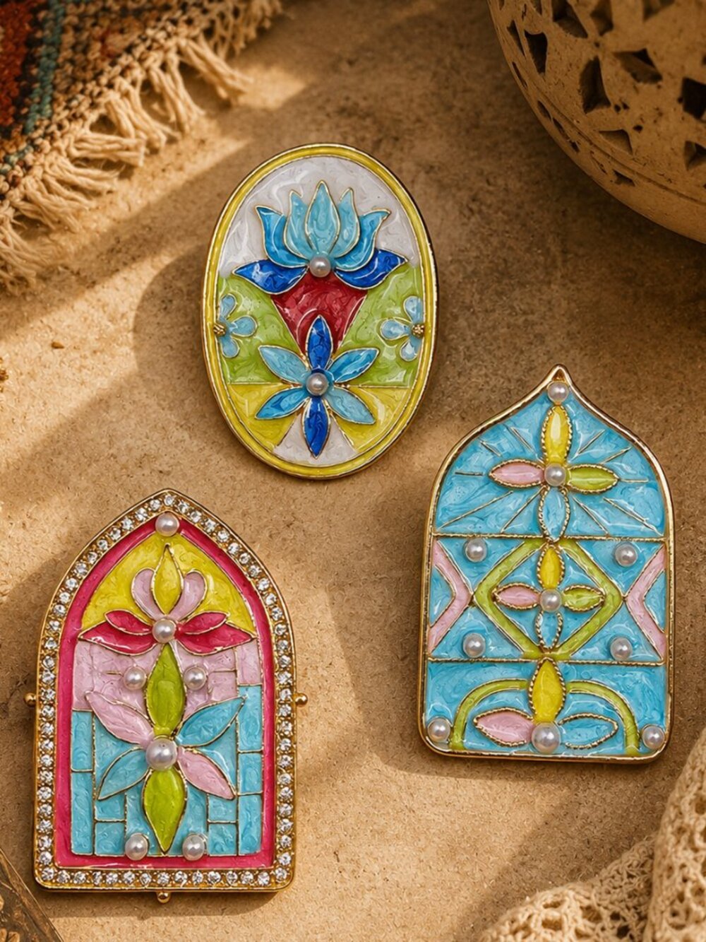 Bohemian Garden Enamel Brooch Pendant Set – Set of 3